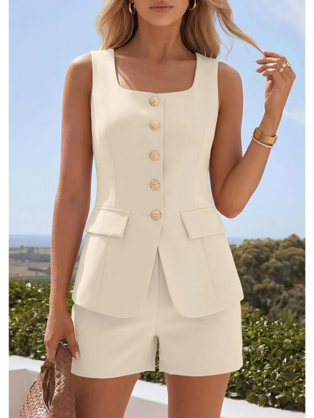Womens 2 Piece Matching Sets 2026 Fashion Suit Vest Tops Shorts Set Spring Busin